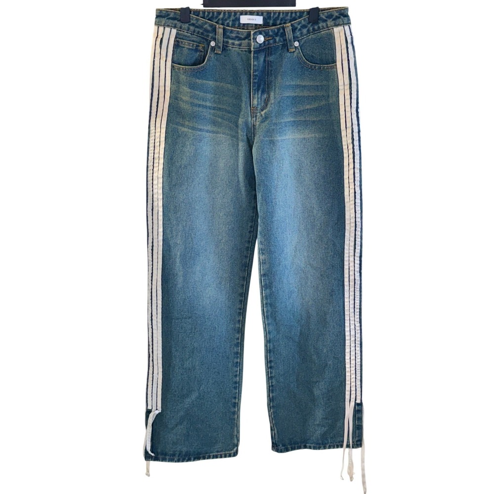 Forever 21 Y2K Wide Leg Jeans‎ M Blue Side Stripe Ribbon Tie NWOT